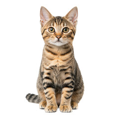 A cat with a yellow eye is sitting on a white background. The cat has a striped pattern on its fur