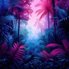 Naklejka premium A vibrant, surreal jungle scene featuring lush tropical plants and a mystical blend of pink and blue light illuminating the foliage.