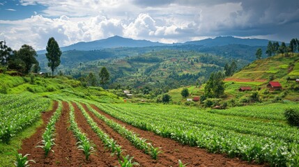 Lush green farmland with rows of crops against the backdrop of rolling hills and a cloudy sky.