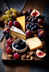 elegant cheese board featuring assorted bright crunchy artistic arrangement luxurious presentation, appetizer, chutney, colorful, creative, decor, dried