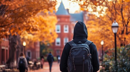 Obraz premium Back View of College Student Walking Through Autumn Campus Pathway, Symbolizing New Beginnings, Academic Journey, and Self-Discovery