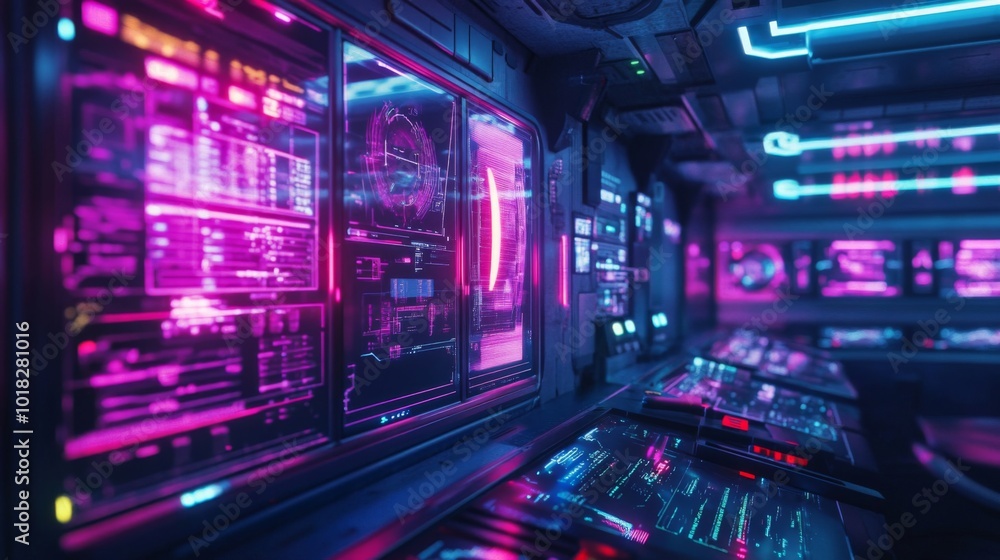 Poster futuristic control room with neon lights and screens displaying data