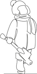 One continuous single drawing line art flat doodle child, fun, childhood, snow, winter, person, shovel, joy, cute, outdoors. Isolated image hand draw contour on a white background