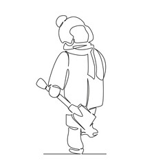 One continuous single drawing line art flat doodle child, fun, childhood, snow, winter, person, shovel, joy, cute, outdoors. Isolated image hand draw contour on a white background