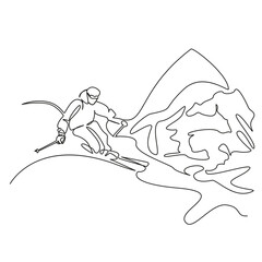 One continuous single drawing line art flat doodle mountain, snow, winter, skiing, sport, ski, people, speed, skier, adventure. Isolated image hand draw contour on a white background