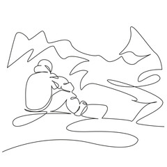 One continuous single drawing line art flat doodle sport, snow, mountain, winter, ski, extreme, man, lifestyle, sky, skiing. Isolated image hand draw contour on a white background