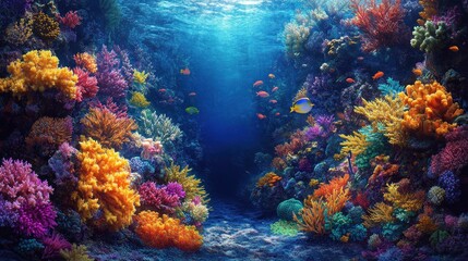 A vibrant underwater scene with colorful coral reefs and fish swimming through the crystal-clear water.