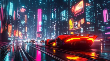 Fototapeta premium Futuristic Cityscape with a Red Sports Car Driving Through Rain and Neon Lights