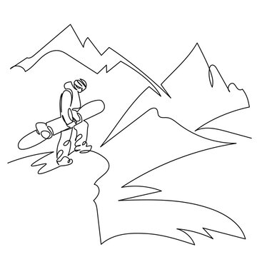snowboarder walking mountains line art clip art preview