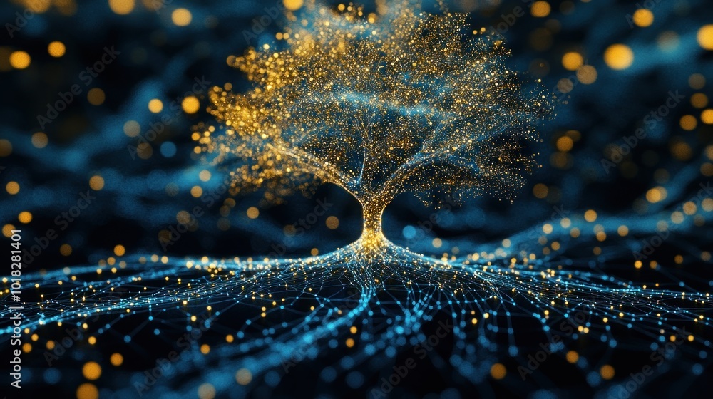 Poster digital tree of glowing data points, symbolizing technology and growth, ai generated image
