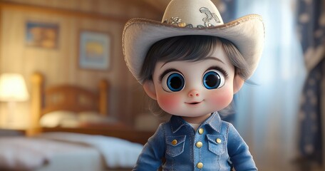 mobile application, featuring a baby girl wearing a denim jacket and cowboy hat, with a cute face and big eyes. The background
