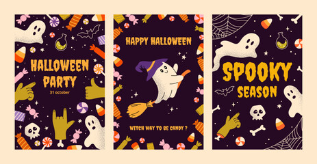 Set 3 Halloween posters on dark background. Flying ghosts with grainy texture and typography in retro style. For card, cover, background, label, invitation.