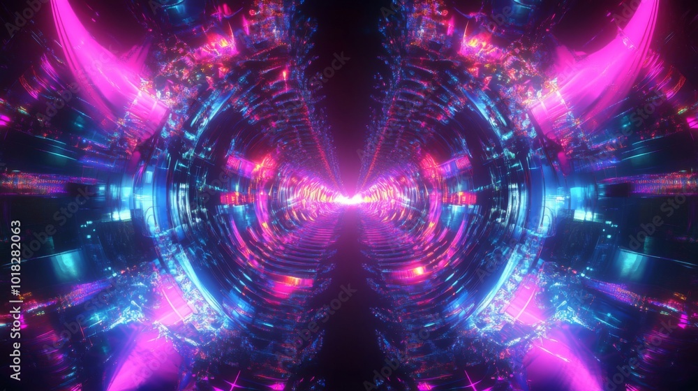 Poster abstract neon tunnel with circular structures and bright glowing lights