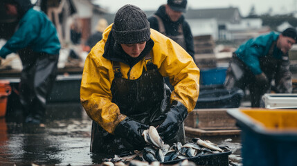 A family-owned fishery by the coast, with multiple generations working together, from fishing to packaging, promoting community-based, sustainable seafood sourcing
