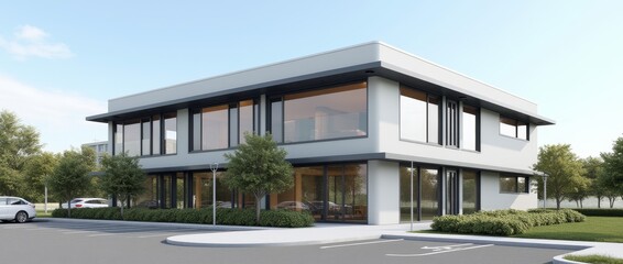 Modern Architectural Design of a Two-Story Office Building on a Clear Day