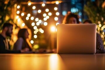 Fototapeta premium Laptop on a table with blurred people and warm lights in background