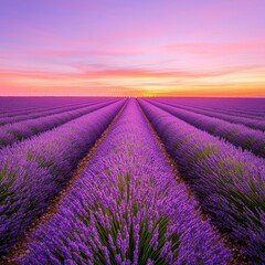 Lavender field at sunset with rows of vibrant purple flowers under a colorful sky.