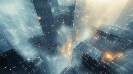 Futuristic Cityscape with Fog and Glowing Windows