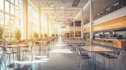 A large self-service school canteen with clean tables and chairs, awaiting students for lunch in a bright, open space.