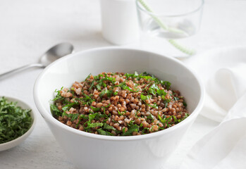 Healthy vegan meal of buckwheat and kale in a white bowl on a gray surface