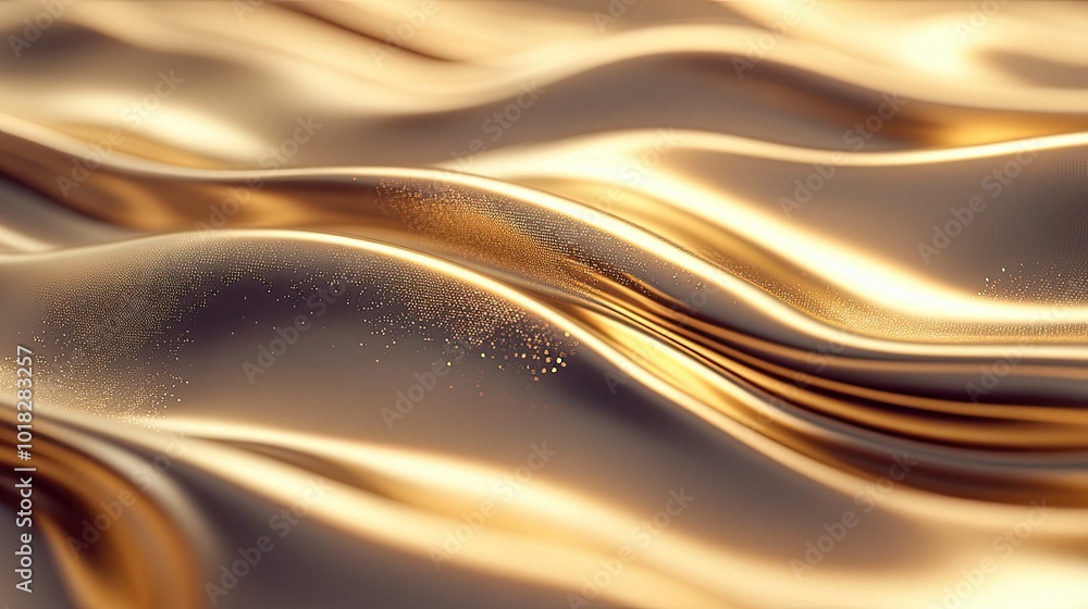 Poster golden waves flowing across an abstract surface, with smooth gradients and soft light creating a lux
