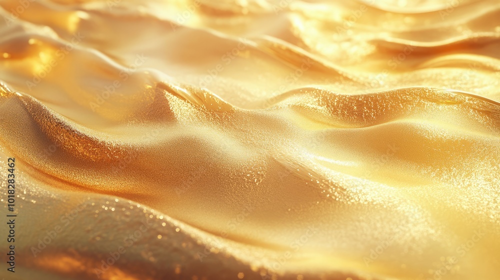 Poster golden waves flowing across an abstract surface, with soft gradients and shimmering light creating a
