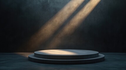 Two-Tiered Circular Platform Illuminated by Sunbeams on a Dark Concrete Background