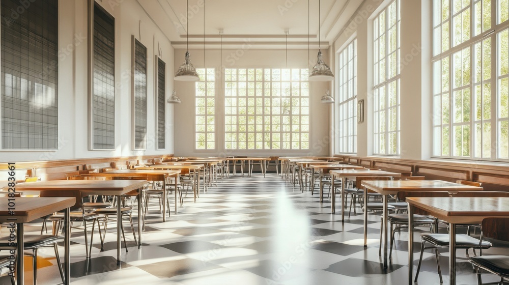 Poster a panoramic view of a school canteen with rows of tables and chairs, a spacious and inviting area re