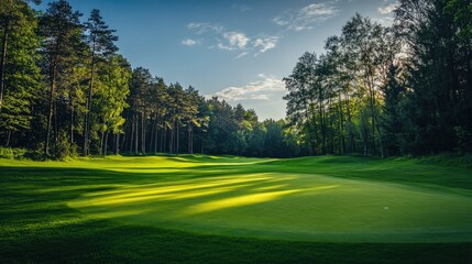 Obraz premium Green grass on a golf field set against a backdrop of beautiful woods, perfect for a day of golfing.