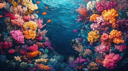 Obraz premium A vibrant underwater scene with colorful coral reefs and tropical fish swimming in a clear blue sea.