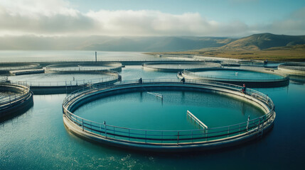 A modern fish farm with large circular tanks, showcasing sustainable aquaculture, as workers monitor water quality and fish health in a controlled environment