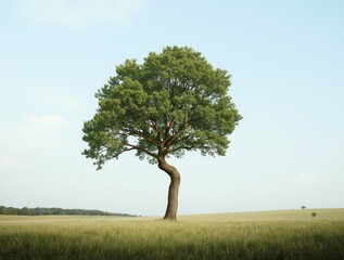 Obraz premium A Solitary Tree Stands Gracefully in a Vast Green Field Under a Clear Blue Sky in the Afternoon