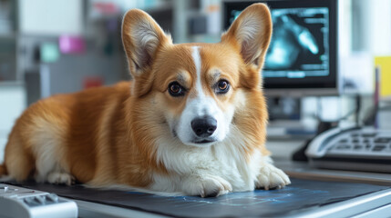 A pet undergoing diagnostic tests in a modern veterinary clinic, with machines like ultrasound or X-ray in use, highlighting the importance of accurate health assessments