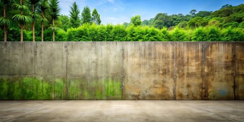 A weathered concrete wall stands tall against a backdrop of lush green foliage, creating a natural and serene composition.