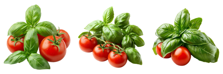 Tomatoes and basil leaves isolated on transparent PNG background image perfect for food-themed illustrations or culinary designs
