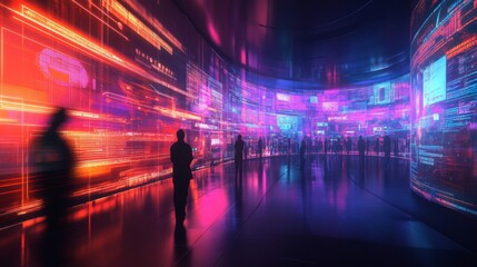 Silhouettes of people standing in a futuristic, neon-lit, data-driven environment
