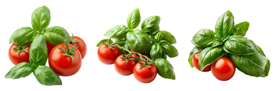Tomatoes and basil leaves isolated on transparent PNG background image perfect for food-themed illustrations or culinary designs