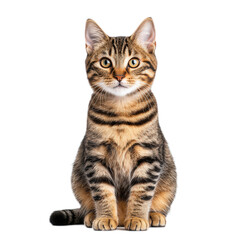 Obraz premium A cat with stripes sits on a white background. The cat has a curious expression on its face