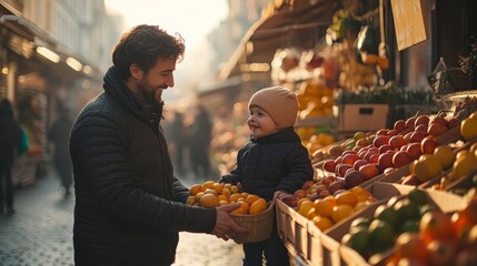  Father and child choosing fresh oranges at a farmers' market, sharing a joyful moment on a sunny day.