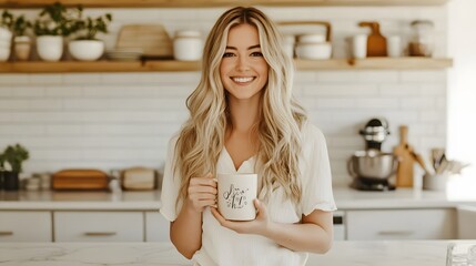 29. A model holding a personalized mug in a bright kitchen