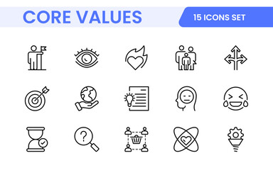 Core Values outline icons set. Core, values, business, leadership, goals, target, client, quality, success, responsibility and quality.