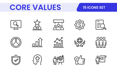 Core Values outline icons set. Core, values, business, leadership, goals, target, client, quality, success, responsibility and quality.