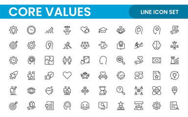 Core Values outline icons set. Core, values, business, leadership, goals, target, client, quality, success, responsibility and quality.