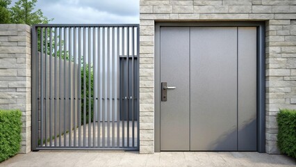 Modern metal gate and small entrance door in gray color for suburban house entrance