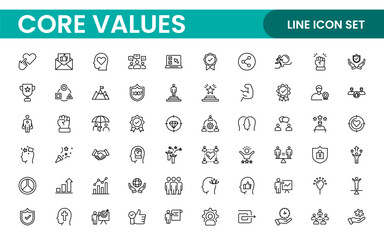 Core Values outline icons set. Core, values, business, leadership, goals, target, client, quality, success, responsibility and quality.