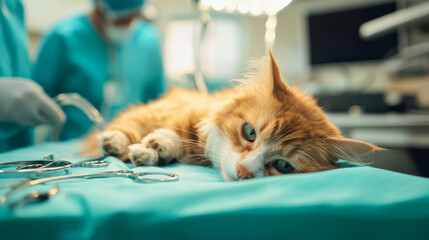 A spaying and neutering procedure being prepared in a veterinary operating room, with medical tools laid out and a calm pet under anesthesia
