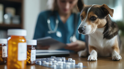 A table filled with prescription medications for pets, with clearly labeled bottles and a veterinarian consulting with a pet owner about the right treatment
