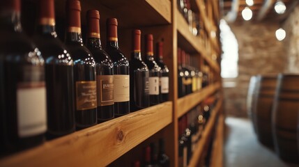 A selection of red and white wine bottles on wooden shelves in a well-lit wine store, creating a refined and inviting atmosphere.
