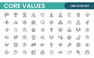 Core Values outline icons set. Core, values, business, leadership, goals, target, client, quality, success, responsibility and quality.