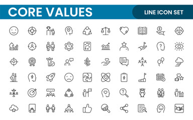 Core Values outline icons set. Core, values, business, leadership, goals, target, client, quality, success, responsibility and quality.